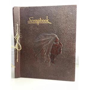 VINTAGE Scrapbook 1950's Hard Leather Bound Textured Indian Chief Head 12x14